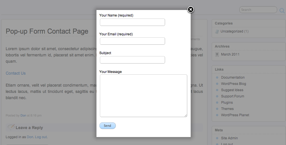 Всплывающая форма контактов в WordPress