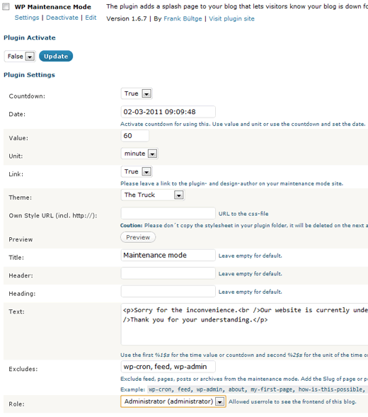 WP Maintenance Mode Plugin - Settings